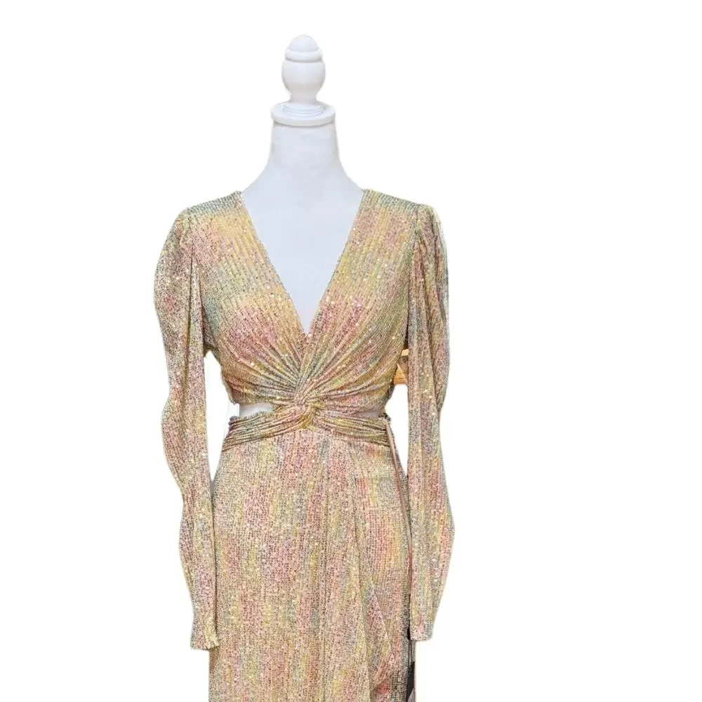 Mac Duggal Metallic Puff Sleeve Front Twist Gown 4 Gold Muti NWT Style 27050 - Picture 5 of 10